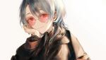  1girl absurdres black_coat black_shirt blue_hair closed_mouth coat commentary glasses gold_trim hair_between_eyes hanafuda_earrings hand_on_own_cheek hand_on_own_face head_rest highres hololive hoshimachi_suisei hoshimachi_suisei_(8th_costume) kyoko_(zeprii4) long_sleeves looking_at_viewer looking_back official_alternate_costume official_alternate_hairstyle portrait red-tinted_eyewear round_eyewear shirt short_hair sitting smile solo symbol-only_commentary tinted_eyewear virtual_youtuber white_background 