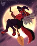  2018 anthro armwear breasts broom broom_riding canine cloak clothing dog elbow_gloves female flying gloves hat husky leggings legwear looking_at_viewer magic_user mammal mark_haynes moon mostly_nude night nipples paws pussy smile stockings thigh_highs witch witch_hat 