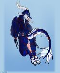anthro anus azmerond bdsm blue_body blue_scales bondage bound claws digital_media_(artwork) dragon fin genitals hi_res horn legs_tied line_art looking_at_viewer male markings mythological_creature mythological_scalie mythology pawpads penis ponynok rear_view red_rope restraints rope rope_bondage rope_harness scales scalie solo tail tongue tongue_out white_markings wing_claws wings wings_tied