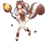  1girl acorn animal_ear_fluff animal_ears ark_order blush bow breasts brown_dress brown_eyes brown_footwear brown_gloves brown_hair closed_mouth dress flats full_body gloves hair_bow hairband holding holding_staff leg_warmers long_hair looking_at_viewer official_art ratatoskr_(ark_order) red_bow rubbing_eyes sidelocks sleepy sleeveless sleeveless_dress small_breasts solo squirrel_ears squirrel_girl squirrel_tail staff tachi-e tail transparent_background two_side_up white_dress yellow_bow yellow_hairband yue_yue 