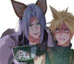 2boys aburaage animal_ears armor blonde_hair clenched_teeth cloud_strife donbee_(food) donbee_kitsune_udon final_fantasy final_fantasy_vii final_fantasy_vii_rebirth final_fantasy_vii_remake food fox_ears gloves green_eyes grey_hair hand_on_another&#039;s_shoulder holding instant_udon kemonomimi_mode kitsune_udon long_hair long_sleeves looking_at_another male_focus multiple_boys nervous_sweating noodles parted_bangs ribbed_shirt sephiroth shirt shoulder_armor sleeveless smile spiked_hair sweat teeth udon upper_body yunyunonigiri 