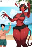 big_breasts bikini black_bikini black_clothing black_swimwear bottomwear breasts clothing cloud day demon demon_humanoid duo exragnarokknight eyelashes faceless_character faceless_male female food glistening glistening_body hi_res holding_food holding_object holding_popsicle human humanoid larger_female looking_at_viewer male mammal navel palm_tree plant popsicle red_body red_skin shorts simple_background size_difference sky spade_tail swimwear tail tree under_boob wide_hips
