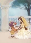  blue_hair blush bow breasts commentary_request dress eiko_carol final_fantasy final_fantasy_ix garnet_til_alexandros_xvii gloves horn long_hair low-tied_long_hair maekakekamen mog multiple_girls short_hair smile wedding_dress yellow_bow 