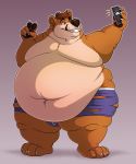  alan_(morreski) anthro barefoot bear belly belly_overhang big_belly bulge cellphone claws clothed clothing grin holding_object holding_phone male mammal moobs navel obese overweight overweight_male phone selfie shikakaka smile solo standing teeth thick_thighs toe_claws topless torn_clothing underwear v_sign 