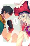  1girl 2boys antonio_salieri_(fate) arash_(fate) armor black_gloves black_hair blue_eyes blush breastplate breasts dress echo_(circa) fate/grand_order fate_(series) gloves green_armor grey_hair large_hat long_hair marie_antoinette_(fate) medium_breasts multiple_boys open_mouth red_dress red_gloves red_hat short_dress short_hair sidelocks sleeveless sleeveless_dress smile speech_bubble translation_request twintails very_long_hair white_hair 