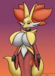 anthro big_breasts breasts chameloshi collar delphox female generation_6_pokemon half-closed_eyes hi_res huge_breasts looking_at_viewer narrowed_eyes navel nintendo pokemon pokemon_(species) solo