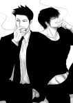 2boys absurdres artist_request black_hair cowboy_shot facial_hair fushiguro_touji greyscale highres jujutsu_kaisen looking_to_the_side male_focus mature_male midriff_peek monochrome multiple_boys mustache_stubble scar scar_on_face scar_on_mouth shirt shiu_kong short_hair side-by-side sideburns_stubble sitting smoking spiked_hair stubble t-shirt toned toned_male 