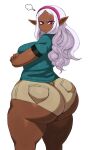 absurd_res annoyed big_breasts big_butt bottomwear breasts butt clothing crossed_arms dark_body dark_elf dark_skin elf female hair hi_res hotpants huge_butt humanoid kuroeda_(plus-sized_elf) looking_at_viewer plus-sized_elf red_eyes shorts solo sssonic2 thick_thighs white_hair