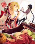  1boy 2021 2girls alcohol apron bare_shoulders blonde_hair breasts chopsticks cleavage closed_eyes ferdows_(kokubyaku_no_avesta) g_yuusuke hair_between_eyes hair_ornament holding japanese_clothes kimono kokubyaku_no_avesta long_hair multiple_girls official_art pants ponytail purple_hair quinn_(kokubyaku_no_avesta) red_eyes red_hair sake samrukh_(kokubyaku_no_avesta) second-party_source shinza_bansho_series 