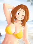  bikini boku_no_hero_academia breasts brown_eyes brown_hair cleavage collarbone commentary_request grin hand_behind_head large_breasts navel ocean one_eye_closed palm_tree roro short_eyebrows short_hair sidelocks smile solo swimsuit tree uraraka_ochako yellow_bikini 