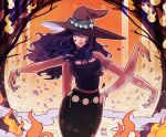  1girl armlet artist_name belt black_skirt blue_eyes bracelet cowboy_shot english_commentary extra_arms falling_petals fire floating_hair hand_on_own_hip hat jewelry long_hair looking_to_the_side mewiyev nico_robin one_piece orange_background petals skirt smile solo tree witch_hat 