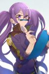  1girl breasts clipboard echo_(circa) fate/grand_order fate_(series) glasses jacket long_hair long_sleeves medium_breasts pen puckered_lips purple_eyes purple_hair purple_jacket sion_eltnam_sokaris solo twintails 