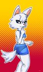  2015 abstract_background animal_crossing anthro arctic_wolf blue_eyes breasts butt canine claws clothed clothing damn_lasso_tool female finger_over_mouth fur hair looking_back mammal midriff nintendo shirt shorts smile solo tank_top under_boob video_games white_fur white_hair whitney_(animal_crossing) wolf 