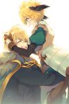  1boy 1girl armor black_shirt blonde_hair blue_cape blush_stickers breasts brown_gloves cape closed_eyes echo_(circa) fate/grand_order fate_(series) faulds fur-trimmed_cape fur_trim gareth_(fate) gawain_(fate) gloves gold_trim green_eyes green_shirt green_shorts hair_flaps hug layered_clothes long_sleeves medium_breasts open_mouth pantyhose puffy_short_sleeves puffy_sleeves shirt short_hair short_sleeves shorts smile white_pantyhose 