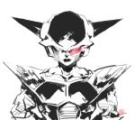  akame_(chokydaum) armor close-up dragon_ball dragon_ball_z evil_smile frieza hand_on_hip horns looking_at_viewer male_focus monochrome pink pink_eyes red scouter serious simple_background smile spot_color standing upper_body white_background 