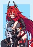  2girls ahoge antenna_hair between_breasts black_jacket blurry blurry_background breasts cropped_jacket fuyu_karasu goddess_of_victory:_nikke goggles goggles_on_head hair_intakes highres horns hug jacket large_breasts long_hair long_sleeves mechanical_horns multiple_girls open_mouth red_hair red_hood_(nikke) simple_background smile snow_white_(nikke) standing unzipped very_long_hair white_hair white_jacket 