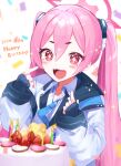  +_+ 1girl birthday birthday_cake blue_archive blush blush_stickers cake candle fang fingerless_gloves food fruit gloves halo highres koyuki_(blue_archive) long_hair open_mouth pink_eyes pink_hair pointing pointing_at_self skin_fang strawberry twintails yashiro_osa 