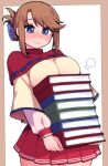  1girl blue_eyes blush book breast_rest breasts cape carried_breast_rest carrying closed_mouth cowboy_shot dot_nose hair_ornament hair_up hairclip holding holding_book komaki_manaka kwaejina large_breasts light_smile outside_border pleated_skirt red_cape red_skirt school_uniform serafuku shy sidelocks skirt solo standing to_heart_(series) to_heart_2 