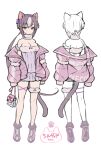  1girl animal_ears bag bare_shoulders bow breasts cat_ears cat_girl cat_tail cleavage dress facing_away from_behind full_body fur-trimmed_dress fur_collar fur_trim grey_dress grey_tail hair_between_eyes hair_bow hairband handbag hitowa holding holding_bag jacket jacket_partially_removed long_hair looking_at_viewer multicolored_hair multiple_views off-shoulder_dress off_shoulder open_clothes open_jacket original parted_lips partially_colored pink_bow pink_eyes pink_footwear pink_jacket ponytail purple_bow purple_hairband shoes sidelocks simple_background streaked_hair tail thigh_strap very_long_hair white_background white_bag white_hair 
