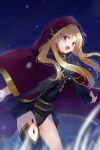  1girl black_dress black_leotard black_thighhighs blonde_hair bow breasts cape detached_collar dress earrings echo_(circa) ereshkigal_(fate) fate/grand_order fate_(series) gold_trim hair_bow hood hood_up hooded_cape hoop_earrings jewelry leotard long_hair looking_at_viewer medium_breasts open_mouth parted_bangs red_eyes short_dress single_sleeve single_thighhigh skull_ornament smile solo spine thighhighs thighs tiara two_side_up 