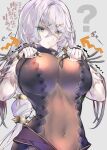  1girl ? atelier_(series) atelier_ryza belt black_nails bodysuit breasts chest_belt commentary covered_navel crossed_bangs eyes_visible_through_hair grey_background grey_hair hair_ornament hair_over_one_eye hairclip heterochromia holding holding_belt large_breasts lila_decyrus long_hair low_twintails pale_skin purple_eyes red_eyes revealing_clothes simple_background solo tooka translation_request twintails twitter_username 