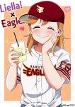  1girl absurdres baseball_cap baseball_jersey blush border closed_eyes closed_mouth collarbone commentary_request cup disposable_cup drink drinking_straw facing_viewer group_name hand_on_own_cheek hand_on_own_face hat heart highres holding holding_cup holding_drink love_live! love_live!_superstar!! medium_hair nippon_professional_baseball orange_background orange_hair outside_border pakudehon red_hat shibuya_kanon shirt short_sleeves smile solo standing touhoku_rakuten_golden_eagles twitter_username upper_body white_border white_shirt 