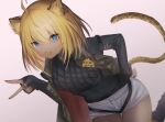 1girl :d absurdres ahoge animal_ear_fluff animal_ears arknights black_jacket black_nails black_shirt blonde_hair breasts commentary_request covered_navel ear_piercing fang hair_between_eyes hand_up highres jacket leopard_ears leopard_girl leopard_tail looking_at_viewer morgan_(arknights) nail_polish open_clothes open_jacket piercing pink_background shirt short_shorts shorts simple_background sleeves_past_wrists small_breasts smile solo tail thigh_gap torn_clothes torn_jacket v white_shorts yunnasu 