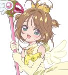  1girl antenna_hair brown_hair cardcaptor_sakura crown dress elbow_gloves gloves green_eyes highres holding holding_wand kinomoto_sakura looking_at_viewer magical_girl open_mouth short_hair simple_background smile solo two_side_up upper_body wand white_background wings yano_akane 