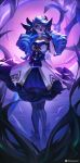  1girl ;o absurdres artist_name black_bow black_dress black_gloves blue_hair bow dress drill_hair full_body gloves gwen_(league_of_legends) hair_bow hand_up highres holding holding_scissors league_of_legends long_hair one_eye_closed oversized_object pantyhose qqquain scissors solo standing striped_clothes striped_pantyhose twin_drills twintails white_dress 