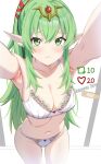  1girl absurdres blush bra breasts cleavage embarrassed entogman fire_emblem fire_emblem_awakening frown green_eyes green_hair hair_ornament highres lace-trimmed_bra lace_trim large_breasts lingerie long_hair looking_at_viewer meme panties pointy_ears ponytail solo tiki_(adult)_(fire_emblem) tiki_(fire_emblem) twitter_strip_game_(meme) underwear underwear_only white_bra 