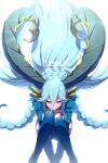  1girl aqua_hair braid character_name crossed_bangs curled_horns echo_(circa) elbow_gloves fate/grand_order fate_(series) gloves hair_between_eyes horns long_hair long_horns looking_at_viewer pink_eyes pointy_ears shrug_(clothing) solo squatting striped_clothes striped_gloves symbol-shaped_pupils thighs tiamat_(fate) twin_braids vertical-striped_clothes vertical-striped_gloves very_long_hair 