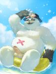 2024 anthro arena_of_valor balls bear belly black_body black_nose cloud colaoaoiacquy erection genitals hi_res kemono male mammal moobs outside overweight overweight_male penis sitting solo white_body zuka_(arena_of_valor)
