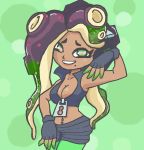  2018 5_fingers abstract_background animal_humanoid beauty_mark black_hair breasts cephalopod cephalopod_humanoid cleavage clothed clothing dark_skin digital_media_(artwork) female fingerless_gloves gerroodie gloves green_eyes hair hi_res humanoid long_hair looking_at_viewer marina_(splatoon) marine marine_humanoid mollusk mollusk_humanoid navel navel_piercing nintendo octoling piercing pose shorts smile solo splatoon splatoon_2 standing video_games zipper 