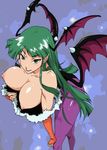  animal_print bangs bat_print bat_wings blunt_bangs breasts bridal_gauntlets demon_girl feather_boa green_eyes green_hair head_wings highres huge_breasts long_hair morrigan_aensland nipples pantyhose print_legwear puffy_nipples purple_wings solo succubus vampire_(game) wings yuukami_(wittsu) 