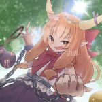  braid chain horns ibuki_suika lens_flare long_hair looking_at_viewer open_mouth orange_eyes orange_hair smile sunlight touhou twin_braids wrist_cuffs yoruuta 