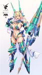  1girl armor bikini_armor blonde_hair breasts brown_eyes colored_inner_hair drill_hair fang full_body gradient_background grey_background headgear highres holding holding_weapon large_breasts long_hair looking_at_viewer mecha_musume multicolored_hair navel open_mouth original pink_hair skin_fang solo standing stomach takamine_nadare twin_drills weapon 
