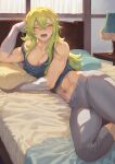  1girl abs bare_shoulders bed breasts cleavage collarbone green_eyes green_hair highres large_breasts long_hair mashuu_(neko_no_oyashiro) navel one_eye_closed open_mouth original solo thighs 