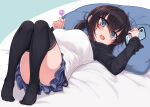  1girl aqua_eyes black_hair black_shirt black_thighhighs blue_skirt blush breasts candy commentary_request food hair_between_eyes holding holding_phone large_breasts lollipop long_hair long_sleeves looking_at_viewer lying miniskirt mole mole_under_eye null_(nyanpyoun) on_back on_bed original phone pillow ponytail shirt skirt solo thighhighs two-tone_shirt white_shirt zettai_ryouiki 