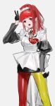  1girl alternate_costume apron asymmetrical_legwear earrings eip_190 gnosia heart heart_earrings heart_tattoo high_ponytail highres jewelry long_hair looking_at_viewer maid_apron maid_headdress mismatched_legwear pantyhose red_hair solo sq_(gnosia) tattoo upper_body v 