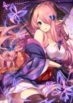  animal_print black_gloves black_legwear blue_eyes blush braid breasts bug butterfly butterfly_print draph gloves granblue_fantasy hair_ornament hair_over_one_eye highres homaderi horns insect japanese_clothes kimono large_breasts long_hair looking_at_viewer narmaya_(granblue_fantasy) obi off_shoulder oriental_umbrella parted_lips pink_hair pointy_ears sarashi sash sitting smile solo thighhighs umbrella very_long_hair 