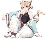  :d animal_ears bare_shoulders brown_eyes brown_hair cat_ears cat_tail commentary_request ensemble_stars! eyebrows_visible_through_hair full_body hair_between_eyes hair_ornament japanese_clothes kinakomoti male_focus mashiro_tomoya multiple_tails open_mouth otoko_no_ko short_hair simple_background sitting smile solo tail two_tails white_background wide_sleeves 