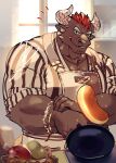  1boy animal_ears apron bara bracelet brown_fur cow_ears cow_horns facial_hair flipping_food food furry furry_male goatee_stubble gyumao_(housamo) heart highres holding_pan horns indoors jewelry looking_at_viewer male_focus minotaur muscular muscular_male nanaisan_(713) necklace one_eye_closed red_hair scar scar_on_face scar_on_nose shirt short_hair signature solo sparkle striped_clothes striped_shirt stubble thick_eyebrows tokyo_afterschool_summoners upper_body vertical-striped_clothes vertical-striped_shirt 