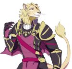 2016 4_fingers anthro blonde_hair clothed clothing felid fingers fully_clothed fur hair ketchup_(artist) lion male male_anthro mammal narrowed_eyes pantherine purple_eyes simple_background smile snout solo standing white_background yellow_body yellow_fur