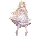  1girl arms_behind_back bare_shoulders blonde_hair bracelet choker closed_mouth dress full_body granblue_fantasy hair_ornament jewelry long_hair mika_(granblue_fantasy) minaba_hideo official_art shoes smile solo third-party_source transparent_background white_choker white_dress white_footwear 