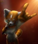 2018 5_fingers aggressive_retsuko anthro breasts brown_fur clothed clothing digital_media_(artwork) female fur gosetsuki mammal red_eyes red_panda simple_background solo standing 