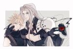  2boys armor black_coat black_gloves black_materia black_sweater blonde_hair bracer chest_strap cloud_strife coat final_fantasy final_fantasy_vii final_fantasy_vii_rebirth final_fantasy_vii_remake gloves green_eyes grey_background grey_hair hand_on_another&#039;s_cheek hand_on_another&#039;s_face hands_up highres holding_orb light_smile long_bangs long_hair long_sleeves looking_at_another looking_down male_focus materia multiple_boys parted_bangs pauldrons sephiroth short_hair shoulder_armor simple_background single_pauldron sleeveless sleeveless_sweater sleeveless_turtleneck spiked_hair suspenders sweater turtleneck turtleneck_sweater upper_body wxdctc 