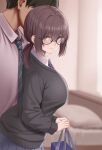 1boy 1girl bed black_hair blue_bag blurry blurry_background blush breasts closed_mouth collared_shirt commentary_request from_side glasses holding huyumitsu indoors large_breasts long_sleeves looking_at_viewer looking_to_the_side necktie original purple_necktie shirt skirt white_shirt 