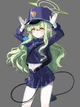  1girl :&lt; absurdres arms_up belt black_belt blue_archive blue_hat blue_jacket blue_skirt blush buttons cowboy_shot cropped_jacket demon_tail double-breasted g1_(user_tjwy5444) gloves green_hair green_halo grey_background hair_between_eyes halo hat highres hikari_(blue_archive) jacket long_hair long_sleeves pantyhose peaked_cap pleated_skirt pointy_ears shirt shirt_tucked_in short_eyebrows sidelocks simple_background skirt solo tail wavy_hair white_gloves white_pantyhose white_shirt yellow_eyes 