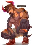 abs absurd_res anthro bottomwear bovid bovine bulge cattle clothing crouching erection footwear fur genitals ggan_ggandi glans hair hi_res horn humanoid_genitalia humanoid_penis male mammal muscular muscular_anthro muscular_male navel nipples pecs penis shoes shorts smile solo tail