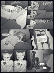 anthro bed comic english_text feline glopossum greyscale heel_boots junip lying male mammal monochrome nipples on_back on_side open_mouth phone pillow smile solo text 